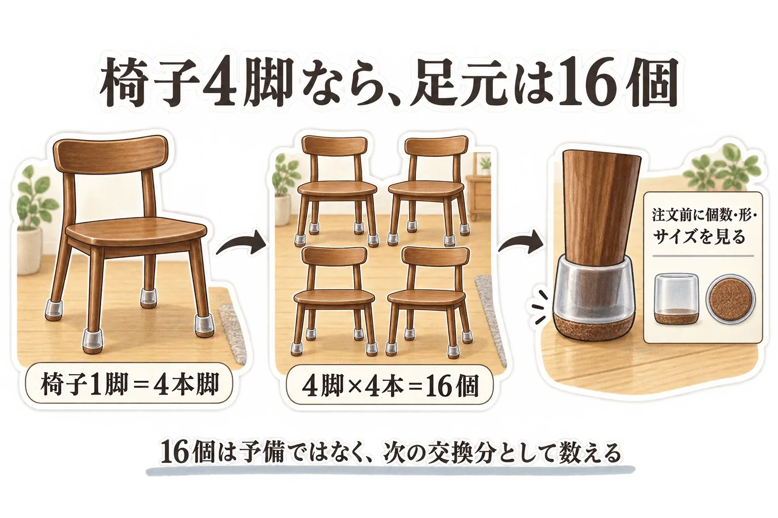 椅子1脚は4本脚、椅子4脚では足元の部材が16個になることを示す図。16個セットは予備ではなく次の交換分として数え、注文前に個数・脚の形・サイズを確認する