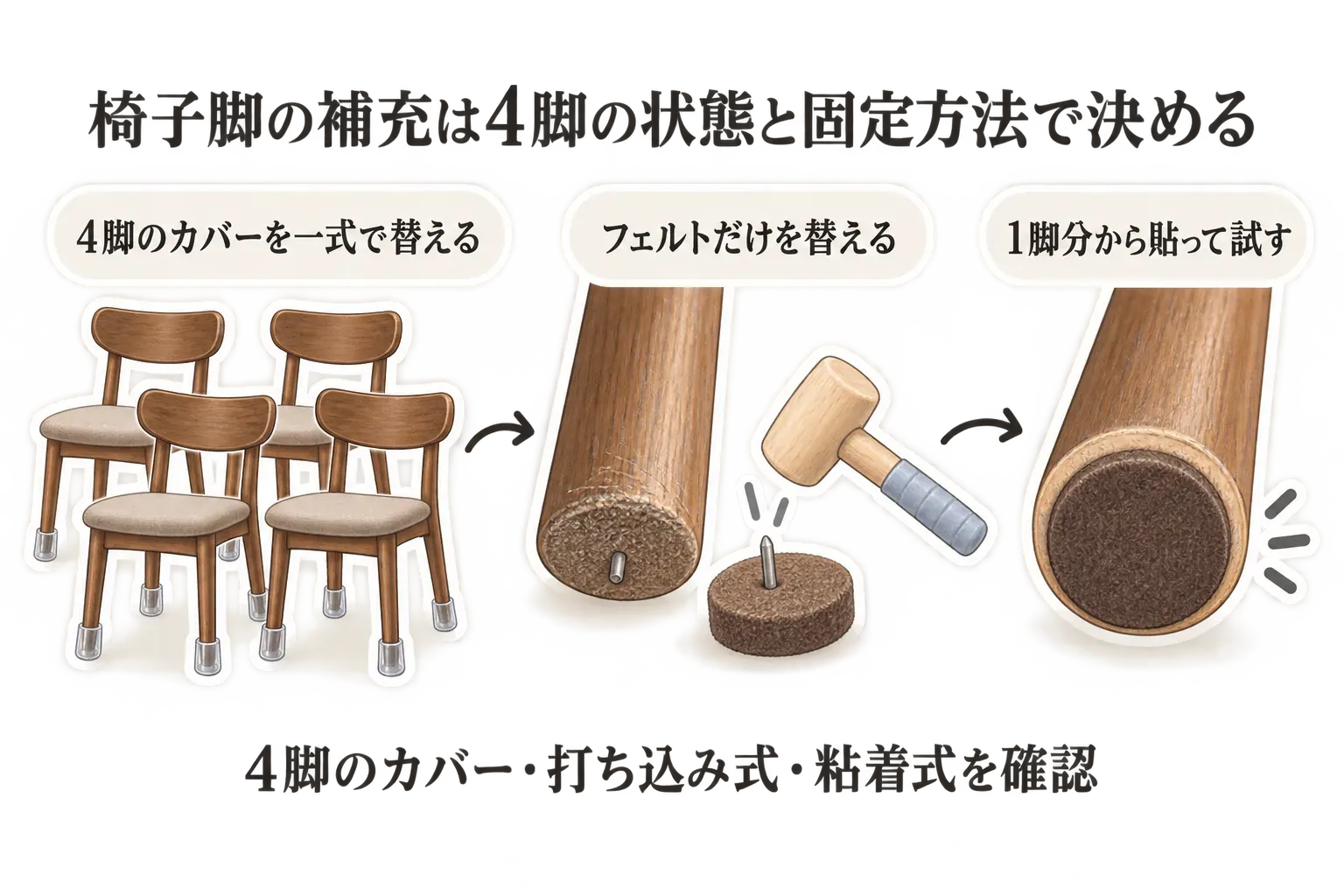 椅子4脚の補充方法を示す図。4脚のカバーを一式で替える方法、打ち込み式でフェルトだけを替える方法、粘着式フェルトを1脚分から貼って試す方法を、状態と固定方法で選ぶ