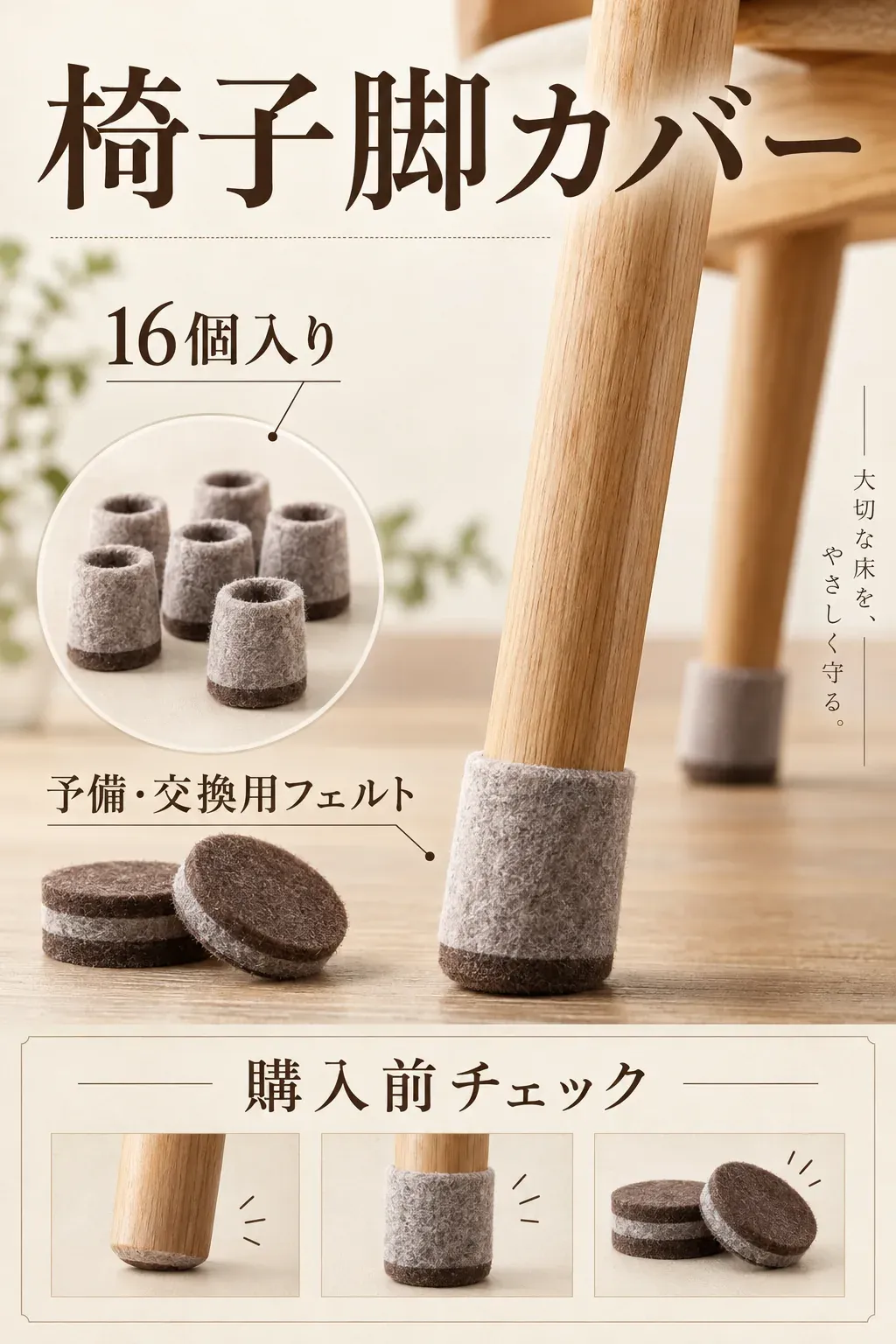 椅子脚カバーや貼り替え用フェルトを購入する前の点検手順を示す図。脚先の形と寸法、カバーやフェルトの摩耗・ずれ・剥がれ、脚裏と床の砂・ホコリ・油分、床材の注意表示を確認する