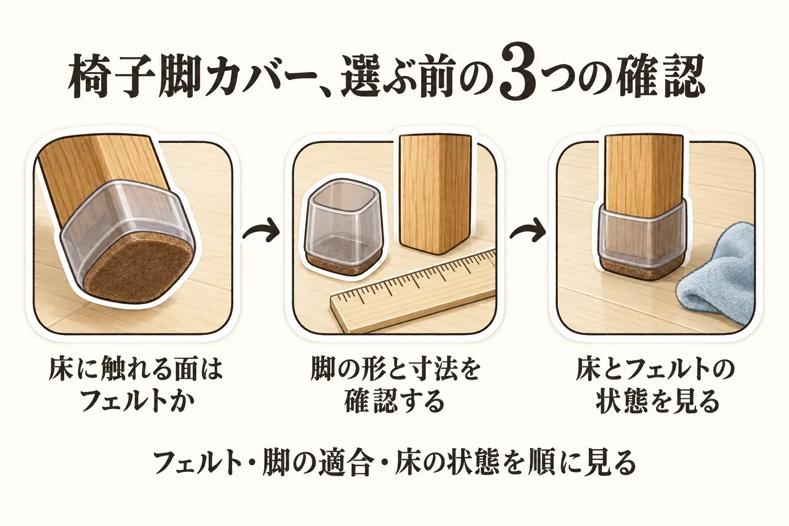椅子脚カバーを選ぶ前の3つの確認を示す図。床に触れる面がフェルトか、椅子脚の形と寸法がカバーに合うか、床とフェルトが乾いていて異物がない状態かを順に確認する