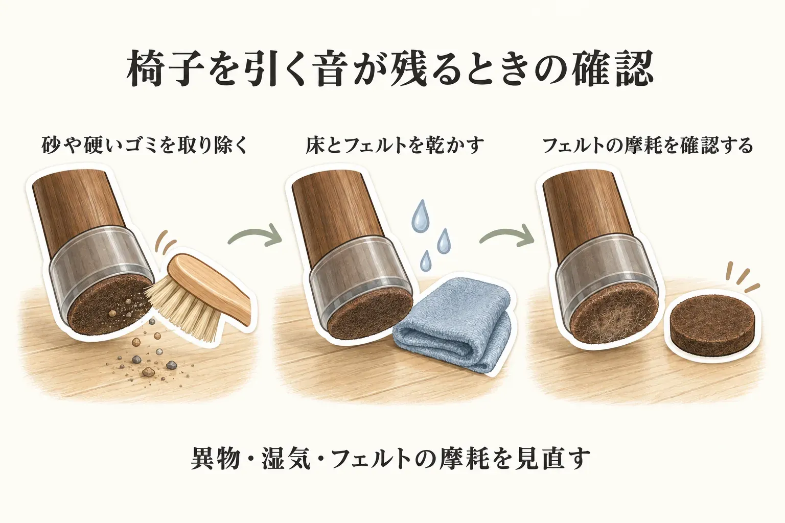 椅子を引く音が残るときの確認を示す図。フェルト面と床から砂や硬いゴミを取り除き、床とフェルトを乾かし、フェルトの摩耗を確認して交換する流れ