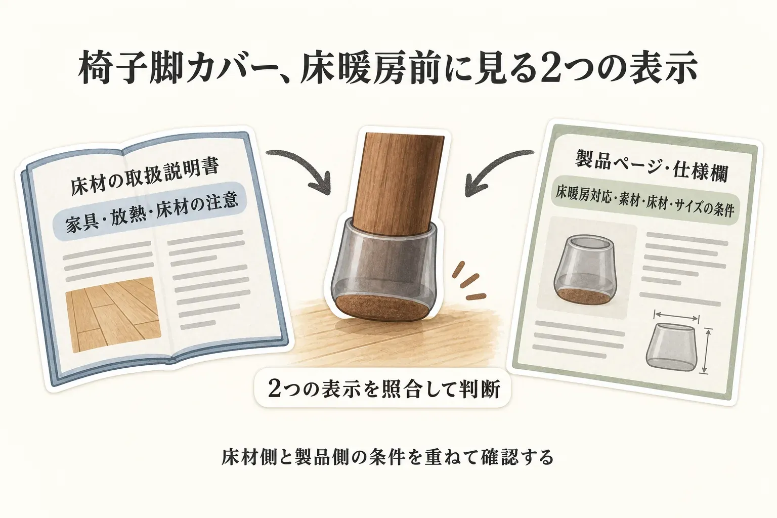 床暖房前に椅子脚カバーを判断するため、床材の取扱説明書にある家具・放熱・床材の注意と、製品ページ・仕様欄にある床暖房対応・素材・床材・サイズの条件を照合する図