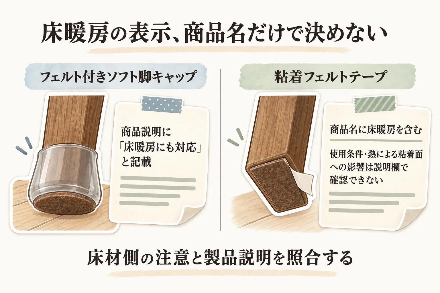床暖房の表示を商品名だけで決めないための比較図。フェルト付きソフト脚キャップは商品説明に「床暖房にも対応」と記載されている一方、粘着フェルトテープは商品名に床暖房を含むものの、使用条件や熱による粘着面への影響を説明欄で確認できないことを示し、床材側の注意と製品説明の照合を促している