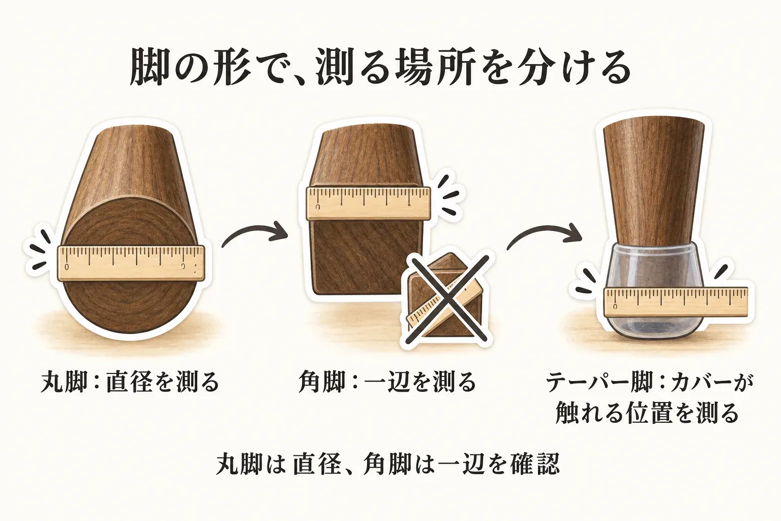 丸脚は直径、角脚は一辺を測り、テーパー脚は脚カバーが触れる位置の太さを測る方法を示す図。角脚を対角線で測らない注意も描かれている