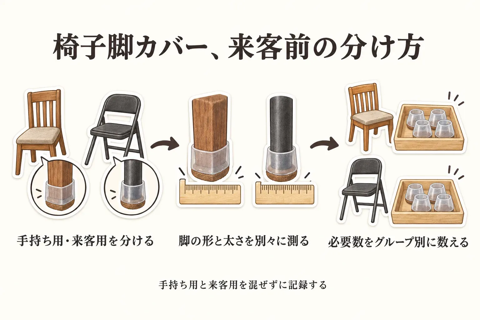 手持ち用と来客用の椅子を分け、木製の角脚と金属の丸脚それぞれに脚カバーを合わせて太さを測り、グループごとに必要数を数える流れを示す図