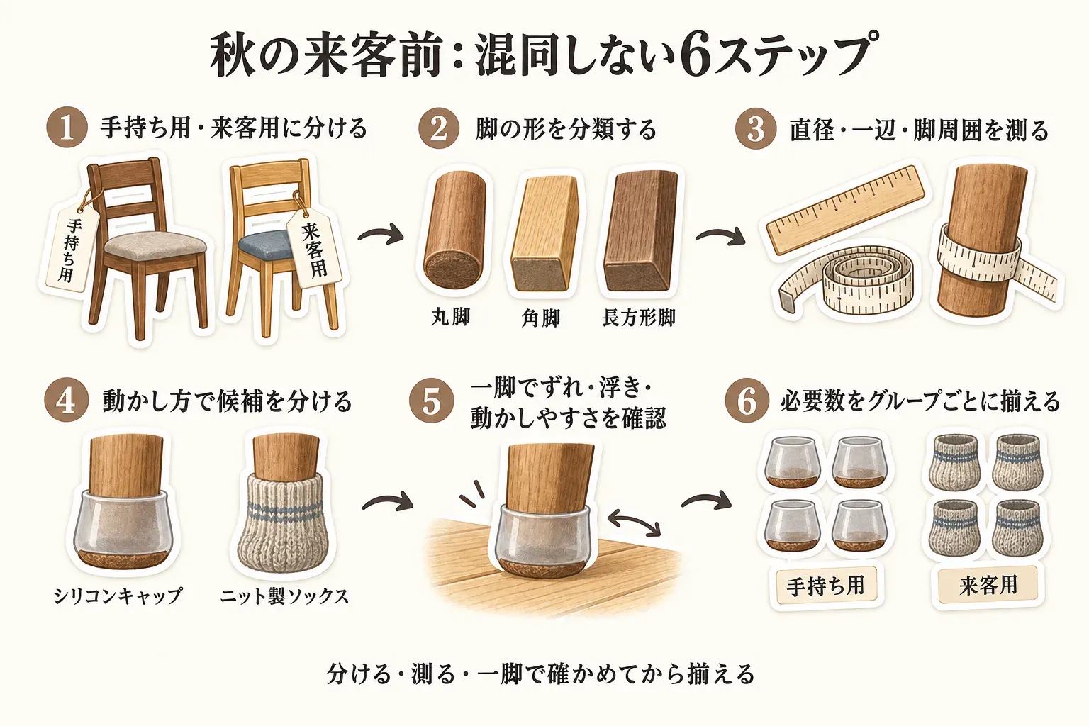 秋の来客前に椅子脚カバーを準備する6ステップの図。手持ち用と来客用に分け、脚の形を分類し、直径・一辺・脚周囲を測り、動かし方で候補を分け、一脚で確認してからグループごとに必要数を揃える
