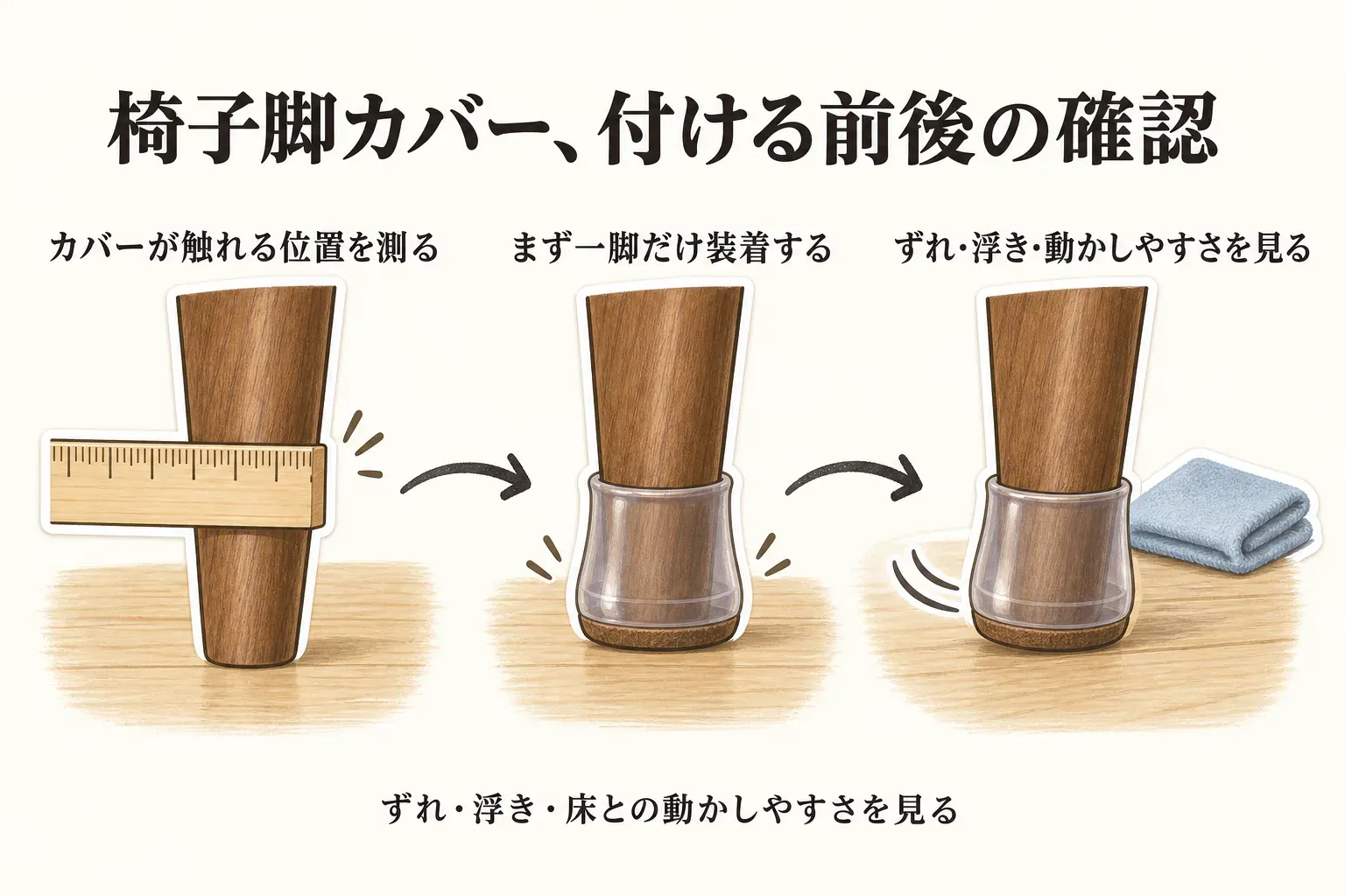 椅子脚カバーを付ける前後の確認手順を示す図。カバーが触れる位置を測り、まず一脚だけ装着してから、ずれ・浮き・床の上での動かしやすさを確認する