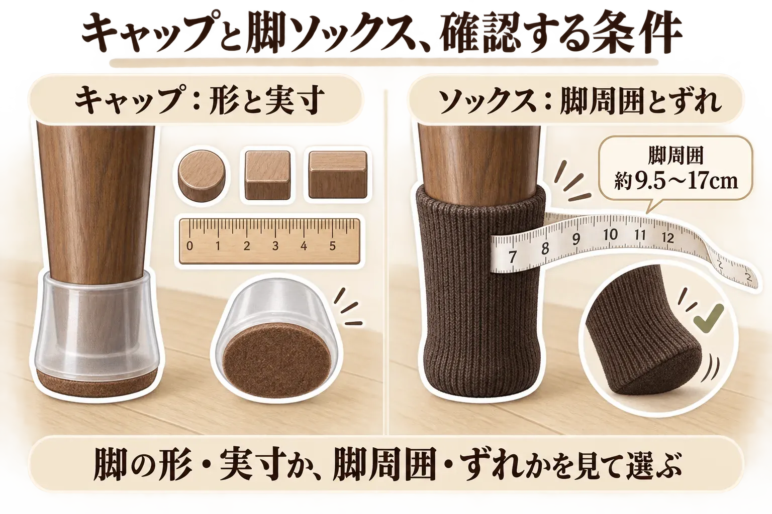 椅子脚カバーの選び分けを示す図。シリコン製キャップは脚の形と実寸を確認し、脚ソックスは脚周囲がおよそ9.5〜17cmに合うかと、装着後にずれないかを確認する