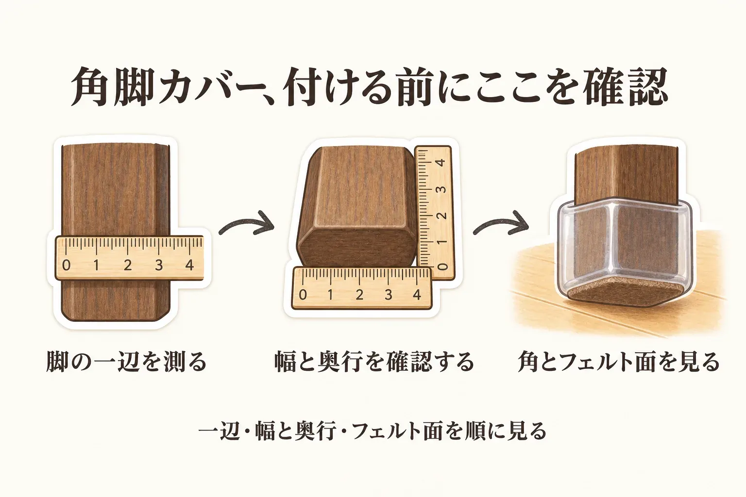 四角い椅子脚の採寸を示す図。正方形脚は一辺を、長方形脚は幅と奥行の両方を測り、カバーの対応寸法と照合する流れを示している