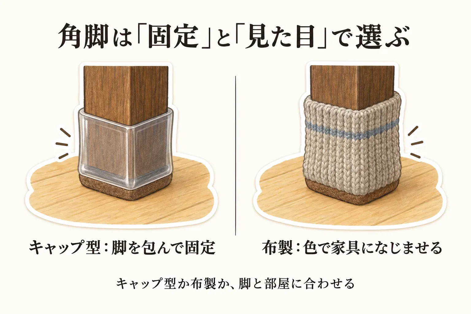 角脚用の椅子脚カバーの選び分けを示す図。脚を包んで固定しやすいフェルト底シリコン・TPEのキャップ型と、伸ばして履かせて色を家具に合わせやすい布・ニット系を比較している