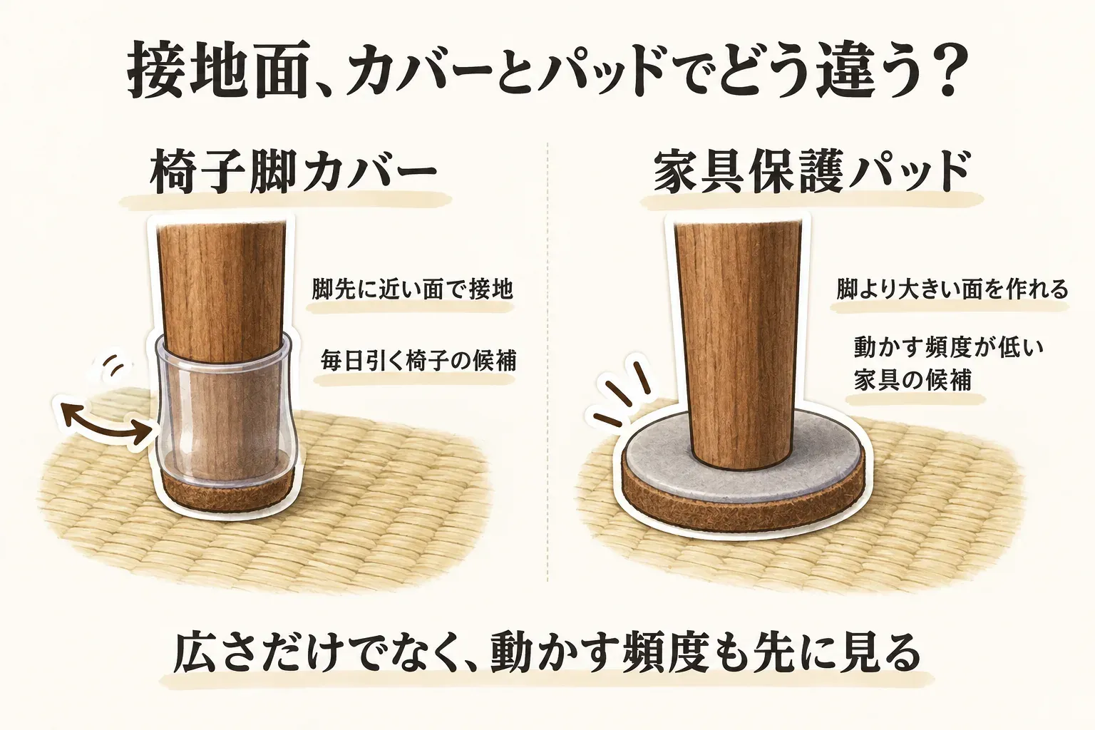 畳の上の椅子脚カバーと家具保護パッドの接地面を比較する図。カバーは脚先に近い面で接地して毎日引く椅子の候補、パッドは脚より大きい面を作れて動かす頻度が低い家具の候補として示している