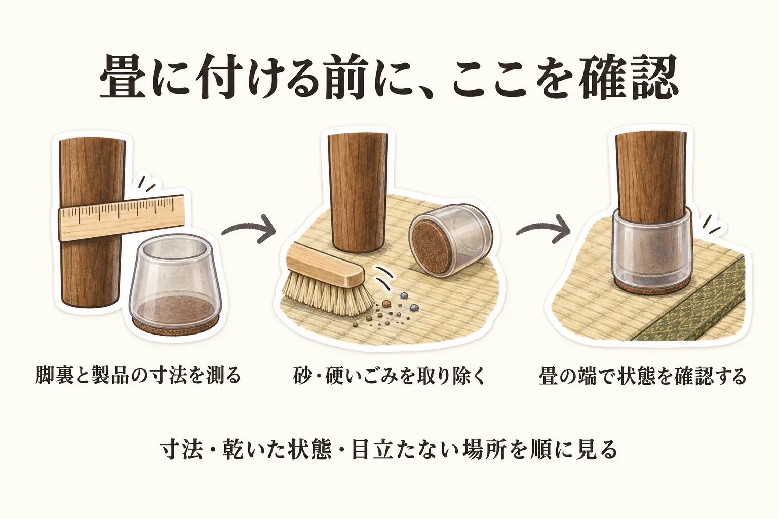 畳に椅子脚カバーを取り付ける前の確認手順を示す図。脚裏と製品の寸法を測り、畳と製品から砂や硬いごみを取り除き、畳の端の目立たない場所で取り付け後の状態を確認する流れを描いている