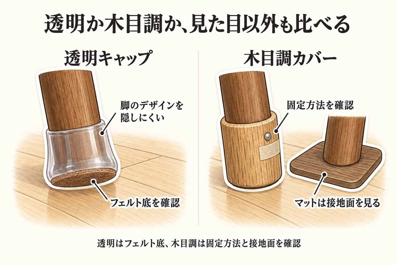 透明キャップと木目調の椅子脚保護用品で、素材と床への接触面を比較する図。透明キャップはTPR・シリコン系の本体とフェルト底、木目調はコルクを釘と粘着テープで固定するタイプとSBR製マットで接地面を受けるタイプを示す