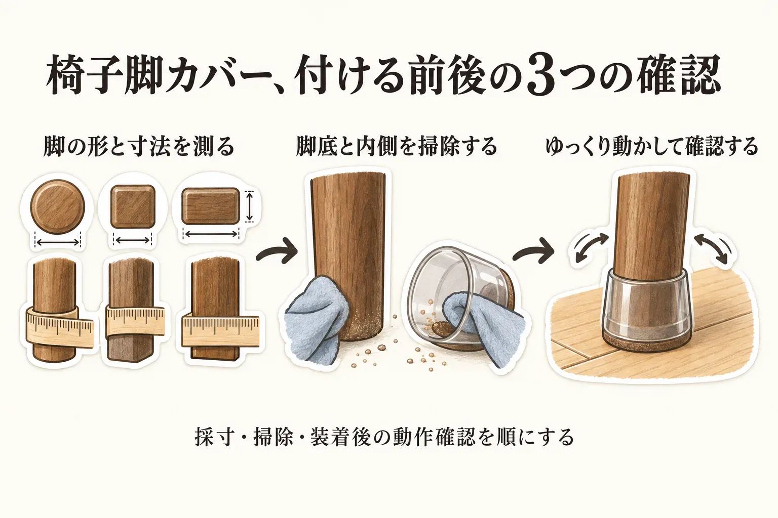 椅子脚カバーを取り付ける前の確認手順を示す図。丸脚は直径、角脚は一辺、長方形脚は短辺と長辺を測り、商品が示す適合範囲と床材・固定方法を照らし合わせ、装着後にカバーの回転やフェルト・マットの浮きを確認する