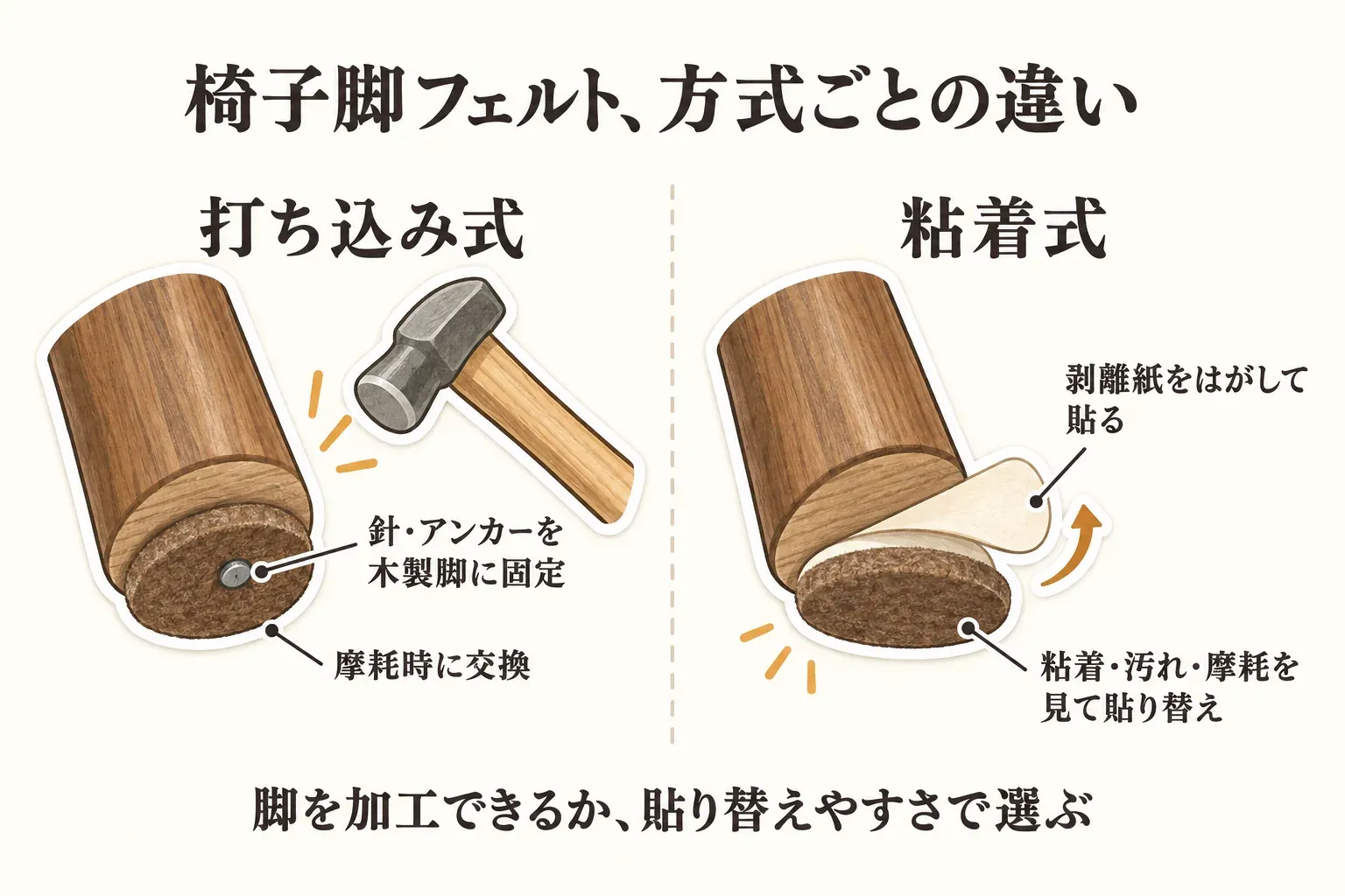 木製椅子脚へのフェルトの取り付け方式を比較する図。打ち込み式は針・アンカーを木製脚に固定して摩耗時に交換し、粘着式は剥離紙をはがして貼り、粘着・汚れ・摩耗を見て貼り替える