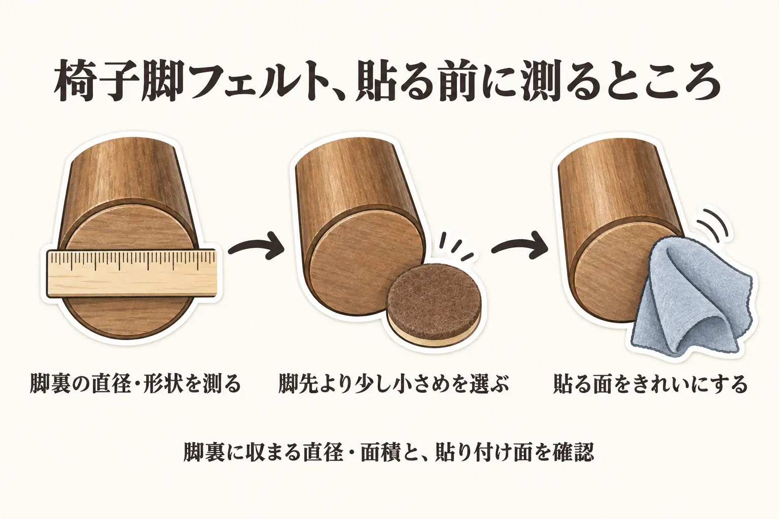 椅子脚フェルトを貼る前の確認を示す図。脚裏の直径と形状を測り、脚先より少し小さく脚裏に収まるフェルトを選び、貼り付け面を布できれいにする手順