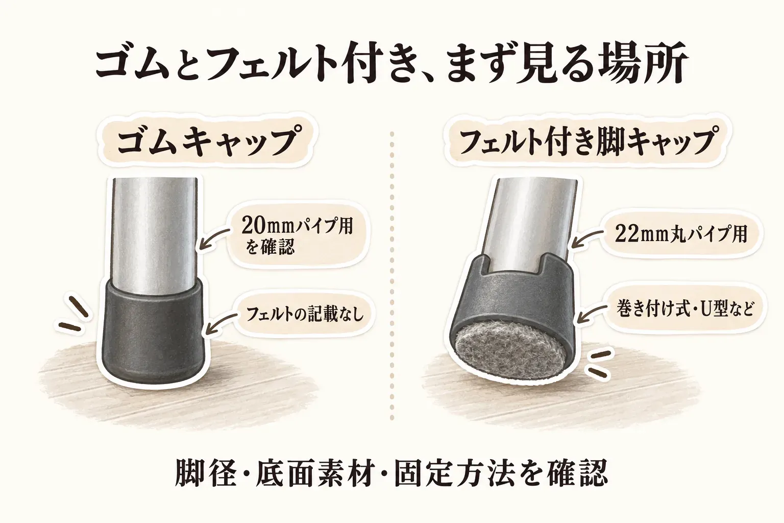 ゴムキャップとフェルト付き脚キャップの確認点を並べた図。ゴムキャップは20mmパイプ用でフェルトの記載がない点、フェルト付き脚キャップは22mm丸パイプ用で巻き付け式・U型など固定方法が異なる点を示し、脚径・底面素材・固定方法の確認を促している