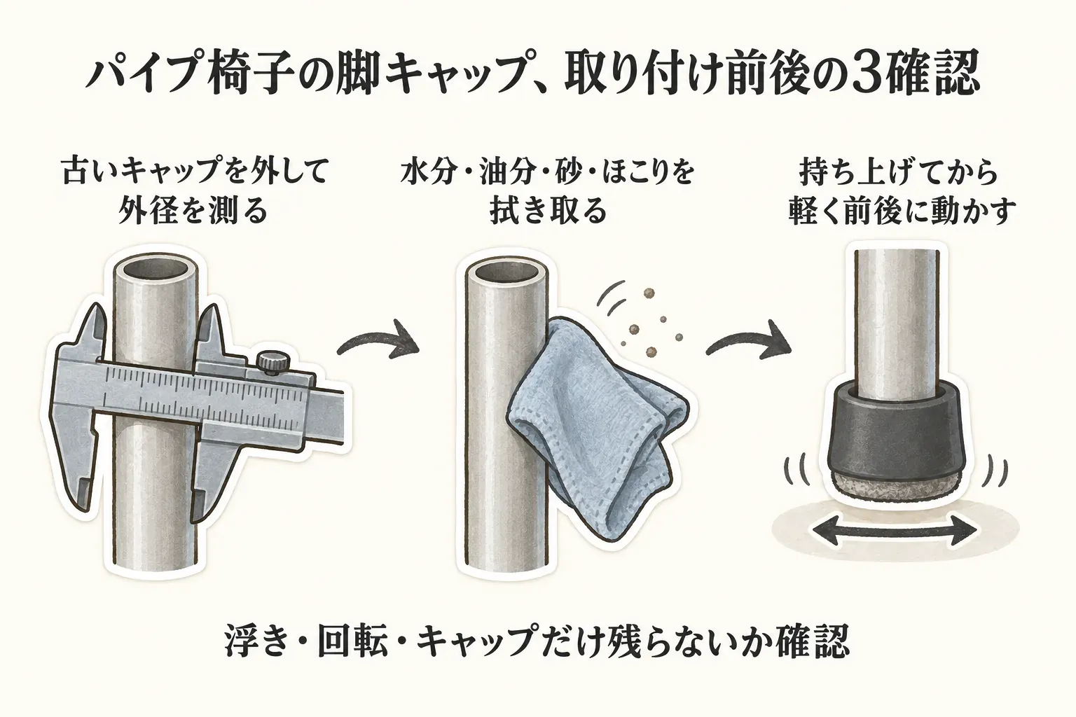 パイプ椅子の脚キャップを取り付ける前後の3確認を示す図。古いキャップを外してパイプ外径を測り、水分・油分・砂・ほこりを拭き取り、装着後は椅子を持ち上げて軽く前後に動かし、浮き・回転・キャップだけが残らないか確認する流れ