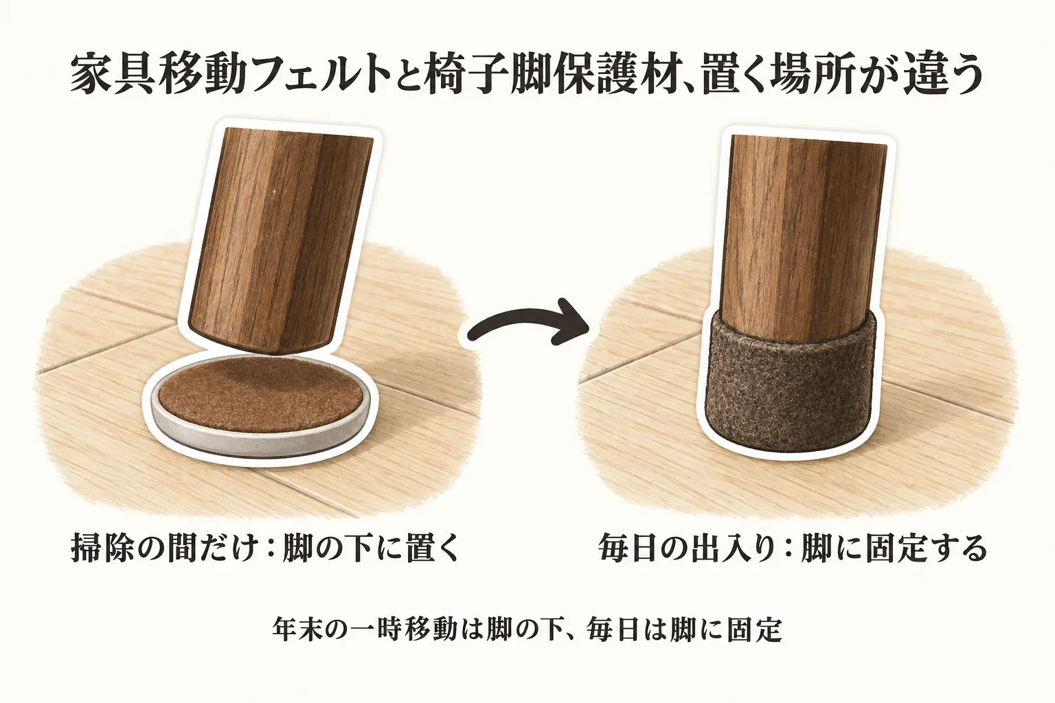 掃除の間だけ使う家具移動フェルトは椅子の脚の下に置いて掃除後に外し、普段使いの椅子脚保護パッドは脚に固定するという使い分けを示す図