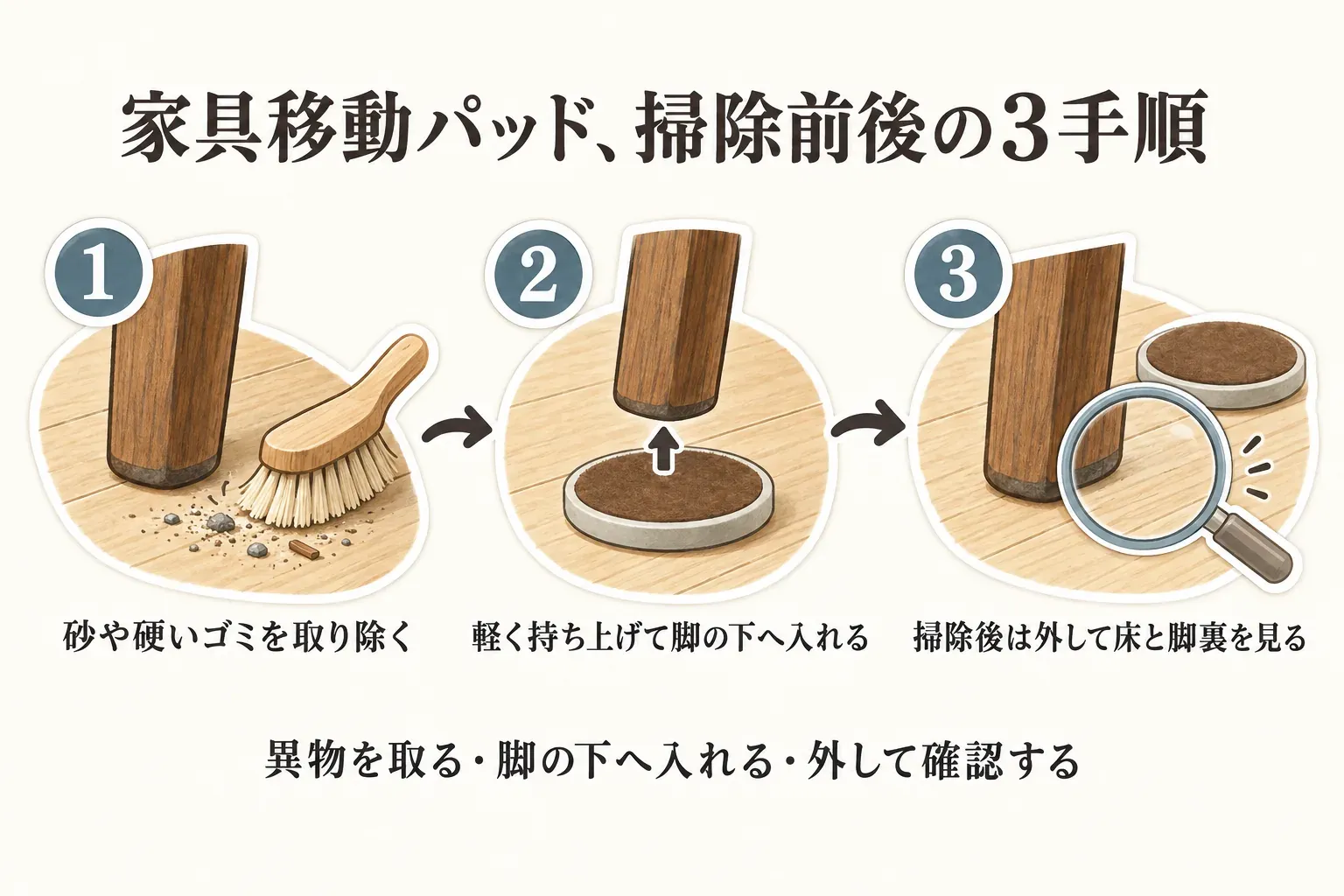 年末の掃除で椅子を移動する手順を示す図。脚と床の砂や硬いゴミを取り除き、椅子を軽く持ち上げて移動パッドを脚の下に入れ、移動後はパッドを外して床と脚裏を確認し普段用の保護材を戻す流れ